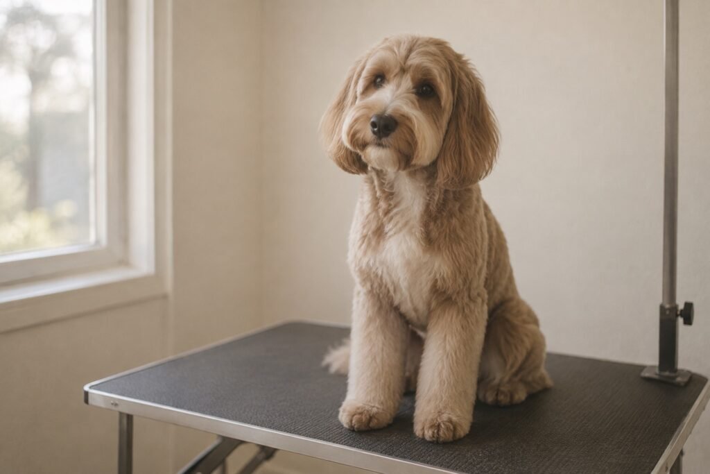 Netjes getrimde middelgrote hond zit op een trimtafel in een rustige ruimte