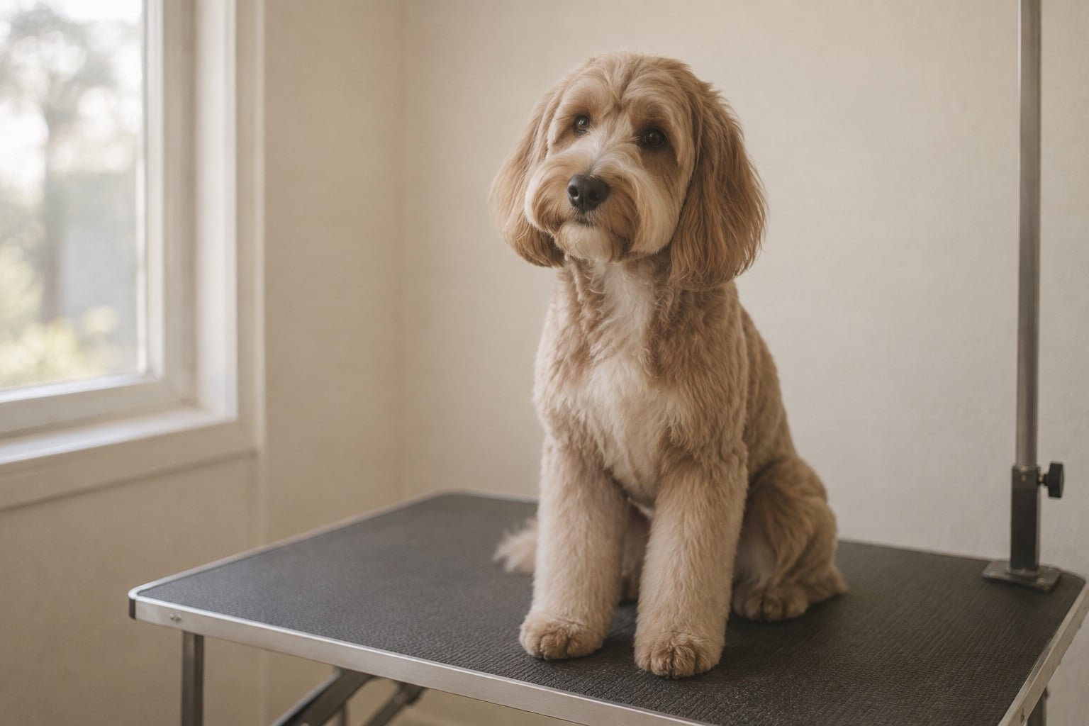 Netjes getrimde middelgrote hond zit op een trimtafel in een rustige ruimte