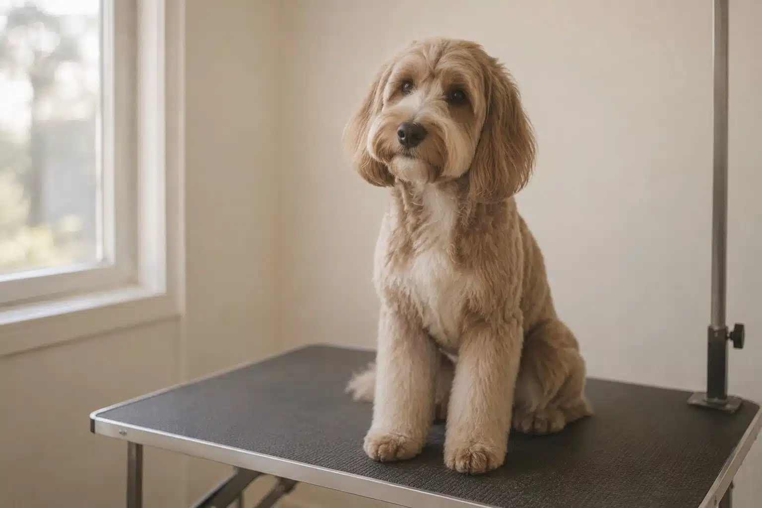 Netjes getrimde middelgrote hond zit op een trimtafel in een rustige ruimte