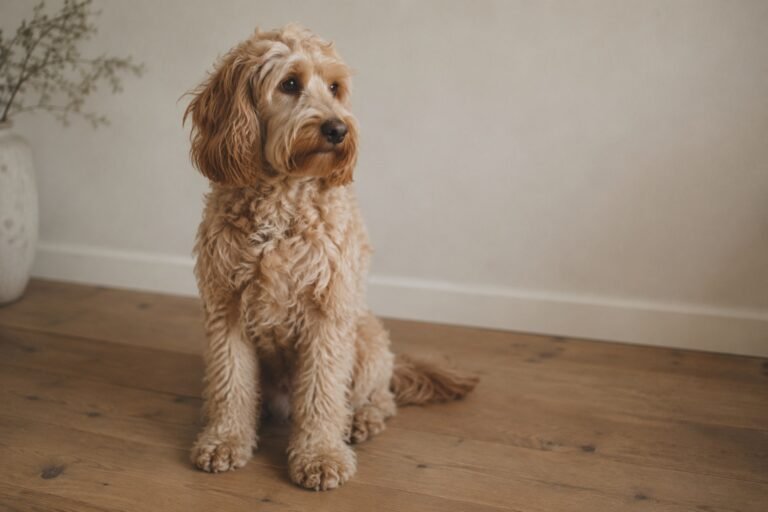 Apricot labradoodle met een golvende vacht zit op een houten vloer