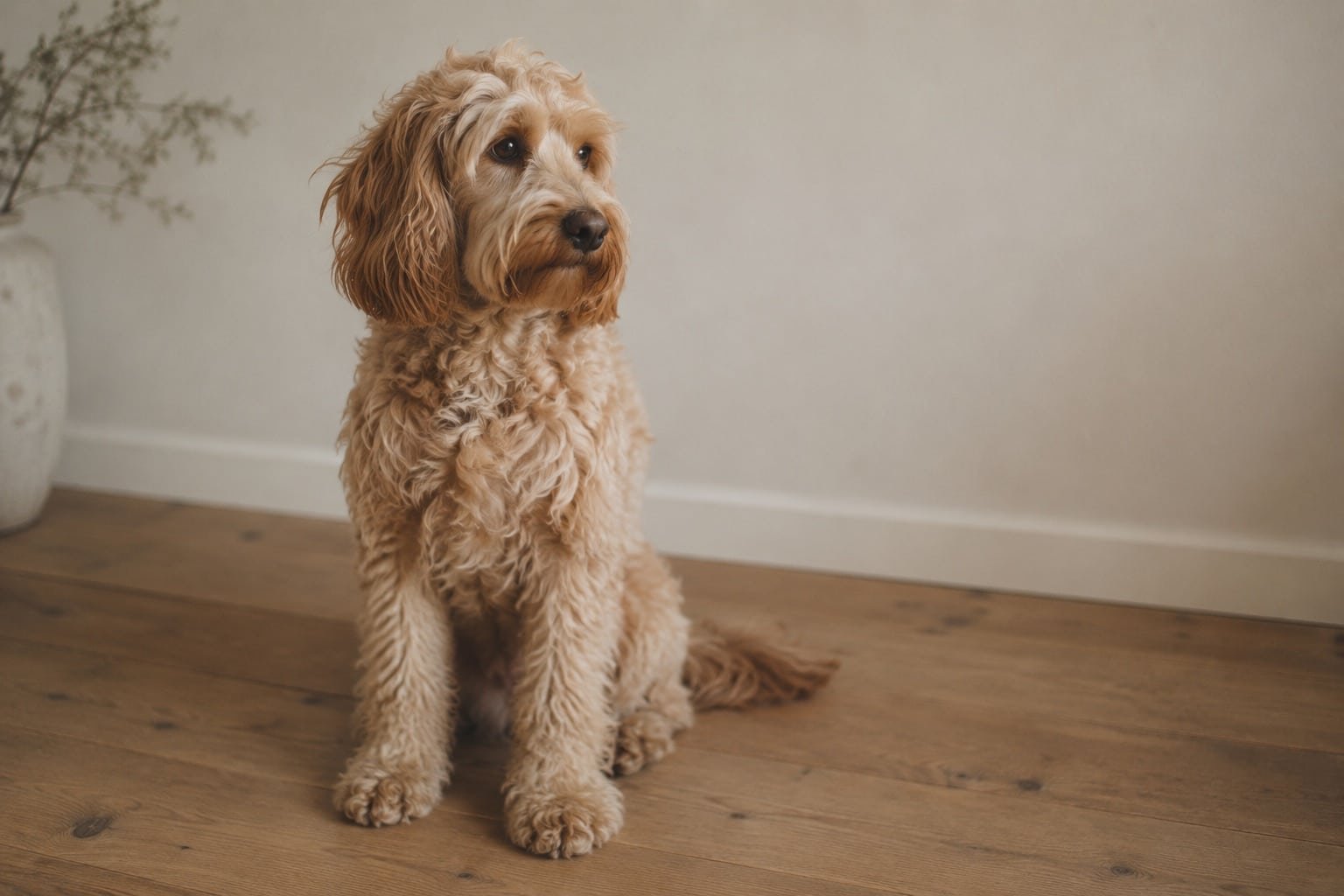 Apricot labradoodle met een golvende vacht zit op een houten vloer