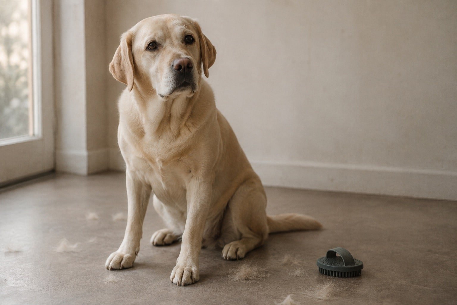 Gele labrador met korte vacht en een rubberen borstel op een lichte vloer