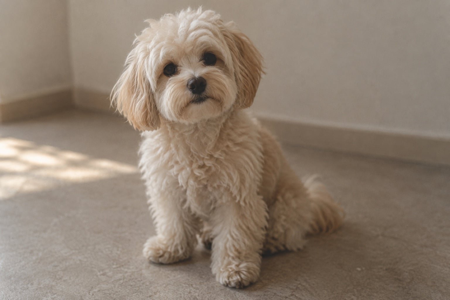 Maltipoo met een pluizige crème vacht zit op een lichte vloer