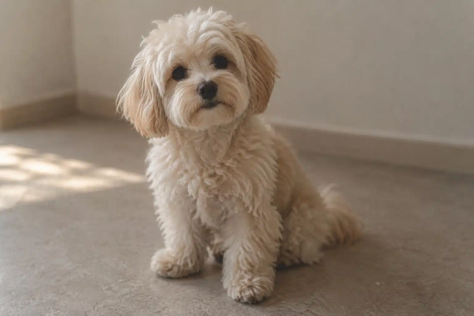 Maltipoo met een pluizige crème vacht zit op een lichte vloer