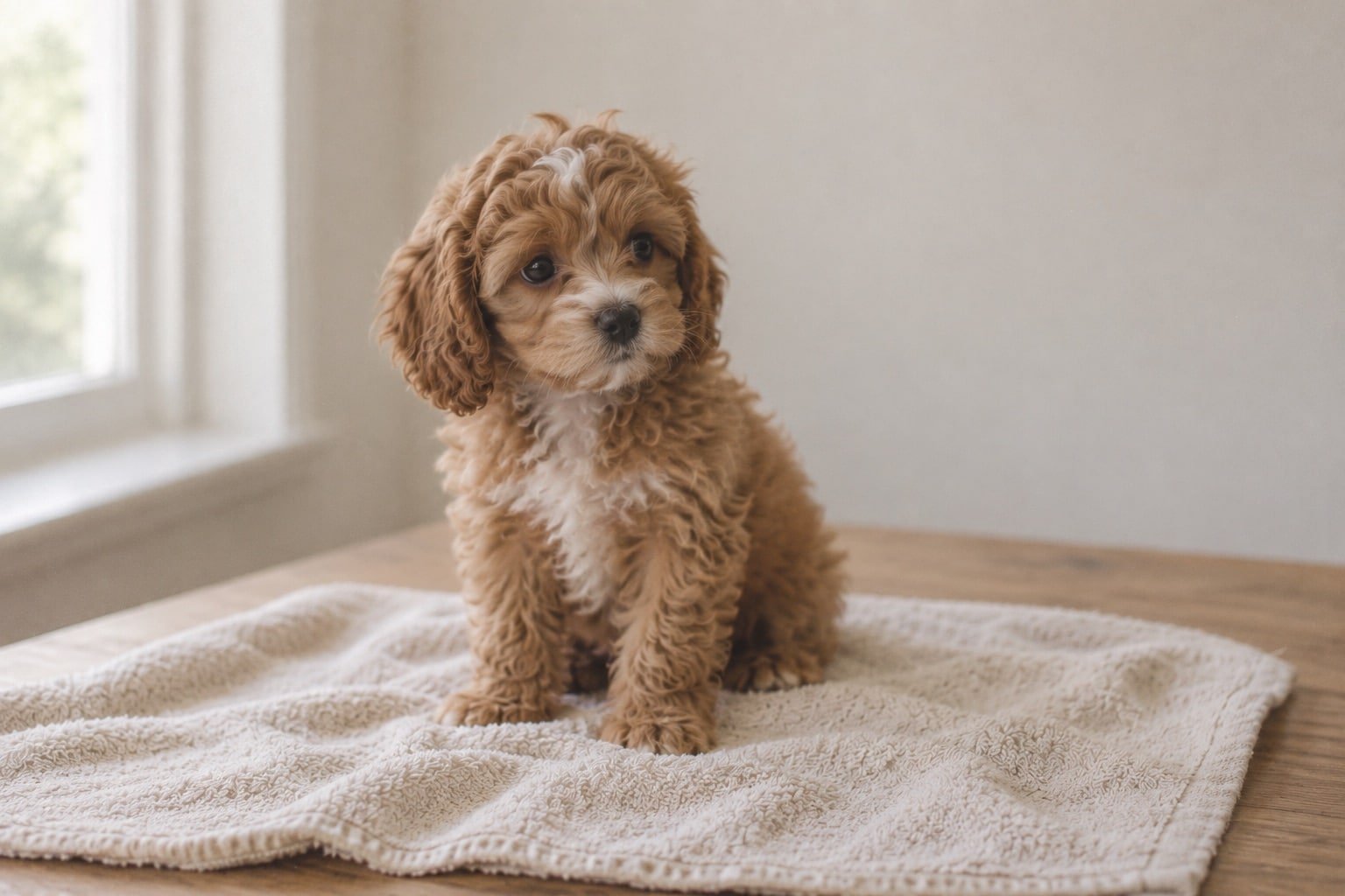 Heel kleine pluizige puppy zit nieuwsgierig op een crème handdoek