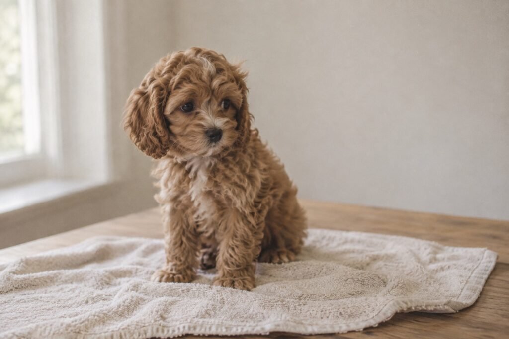 Kleine krullende puppy zit wat onwennig maar rustig op een handdoek