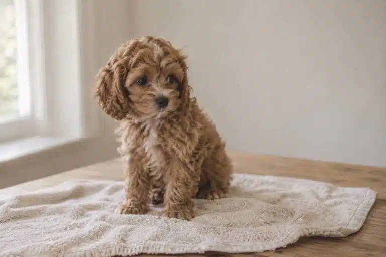 Kleine krullende puppy zit wat onwennig maar rustig op een handdoek