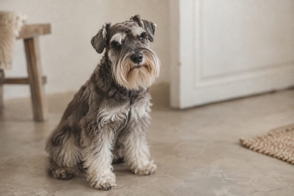 Peper-en-zout dwergschnauzer met ruwe vacht en baard zit op een lichte vloer