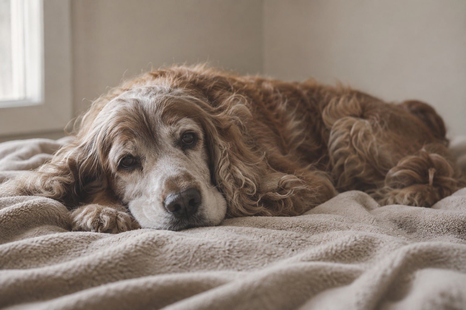 Oudere spaniel met grijze snuit ligt comfortabel op een zachte deken