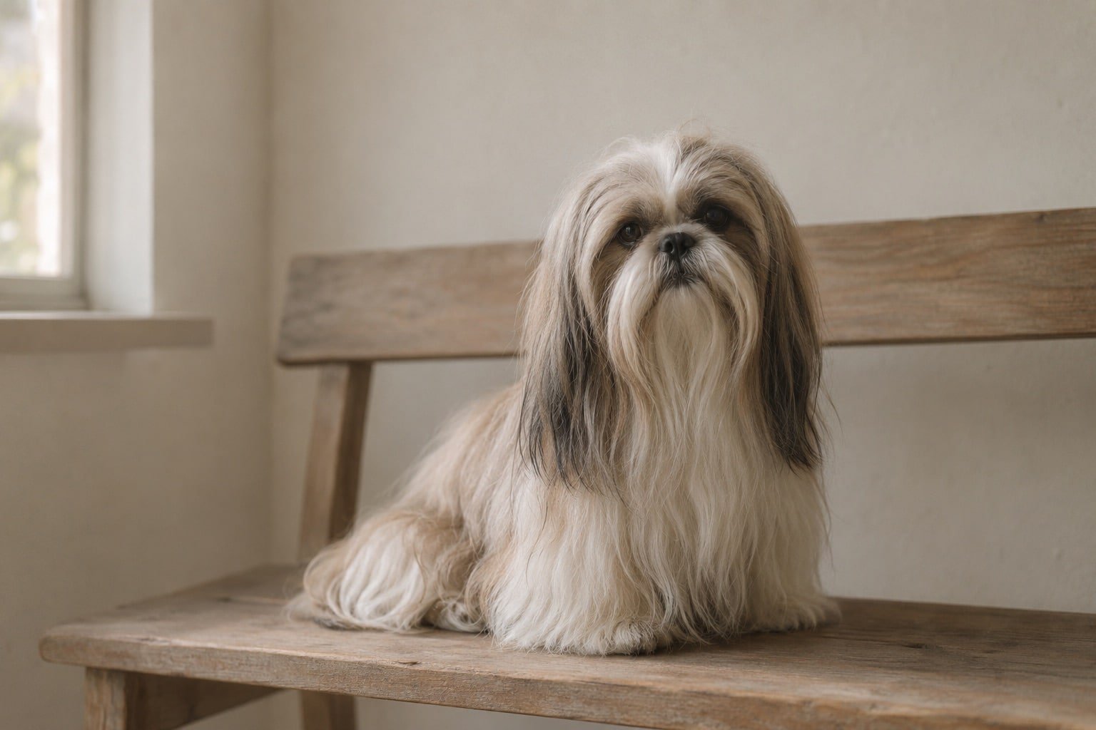 Shih tzu met een lange steile vacht zit rustig op een houten bank