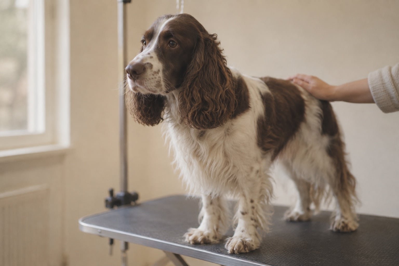 Rustige spaniel staat op een trimtafel met een hand zacht op zijn rug