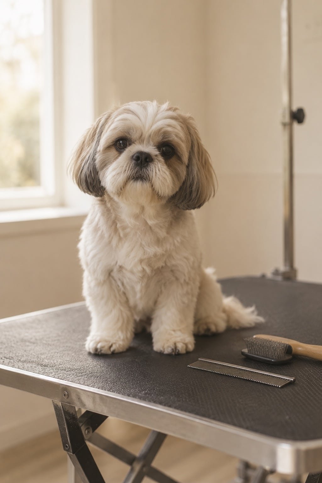 Rustige kleine hond op een trimtafel met kam en borstel ernaast