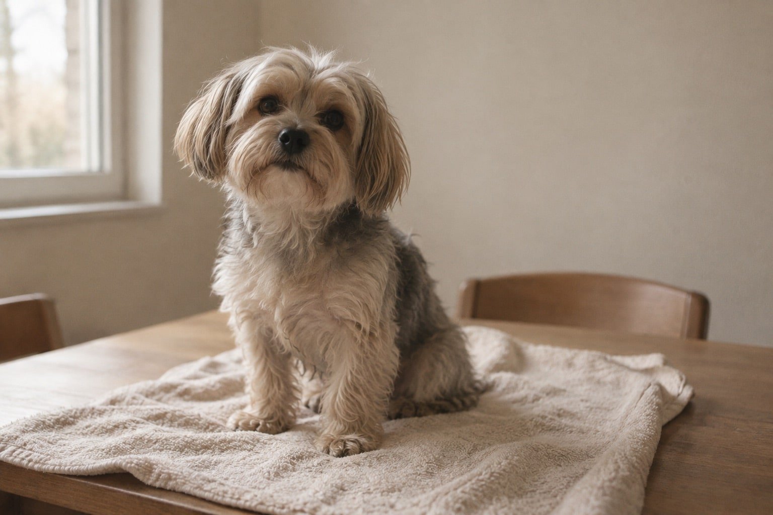 Kleine hond zit op een crème handdoek aan de keukentafel thuis