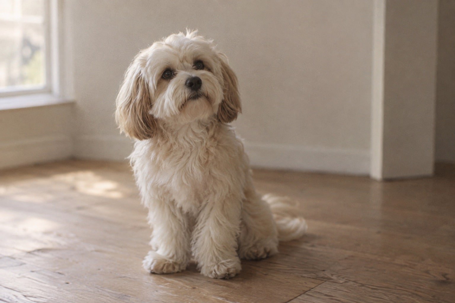 Pas getrimd pluizig hondje zit trots op een houten vloer in zacht licht