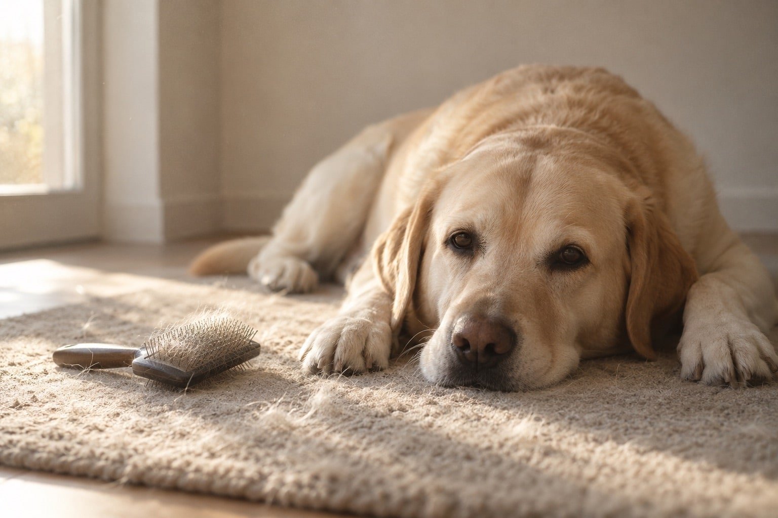 Labrador ligt op een kleed met losse haren zichtbaar in het zonlicht