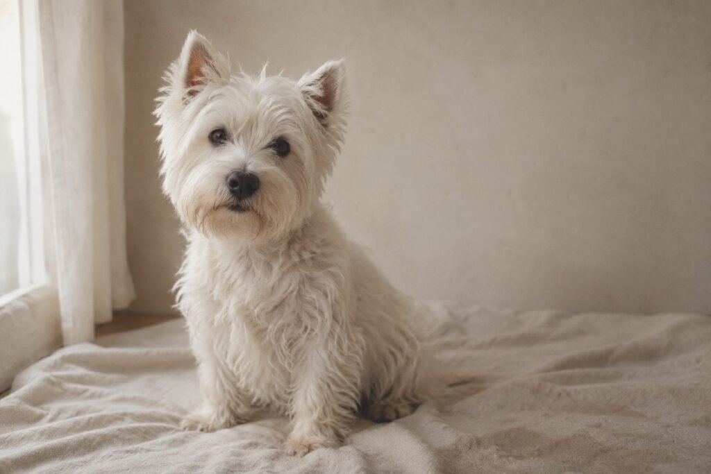 West highland white terriër met ruwe witte vacht zit op een crème doek