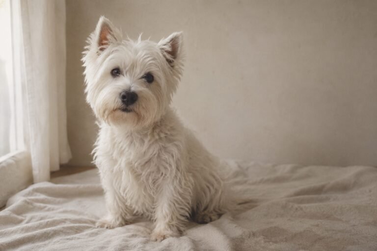 West highland white terriër met ruwe witte vacht zit op een crème doek