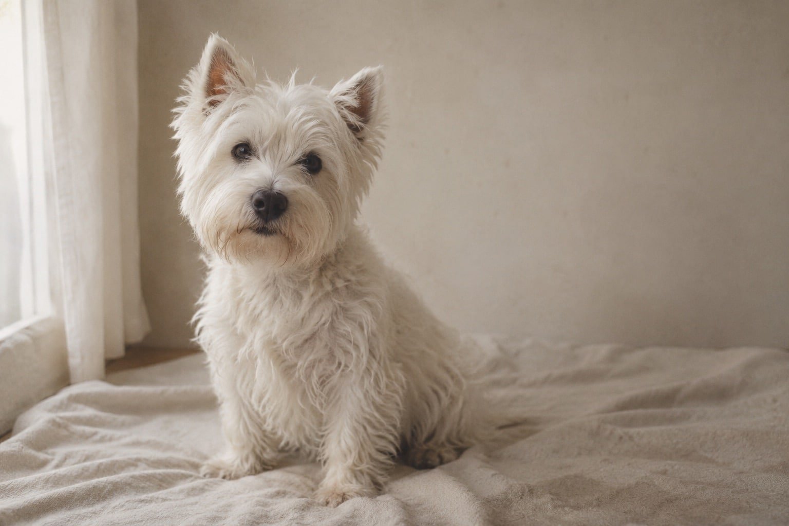 West highland white terriër met ruwe witte vacht zit op een crème doek