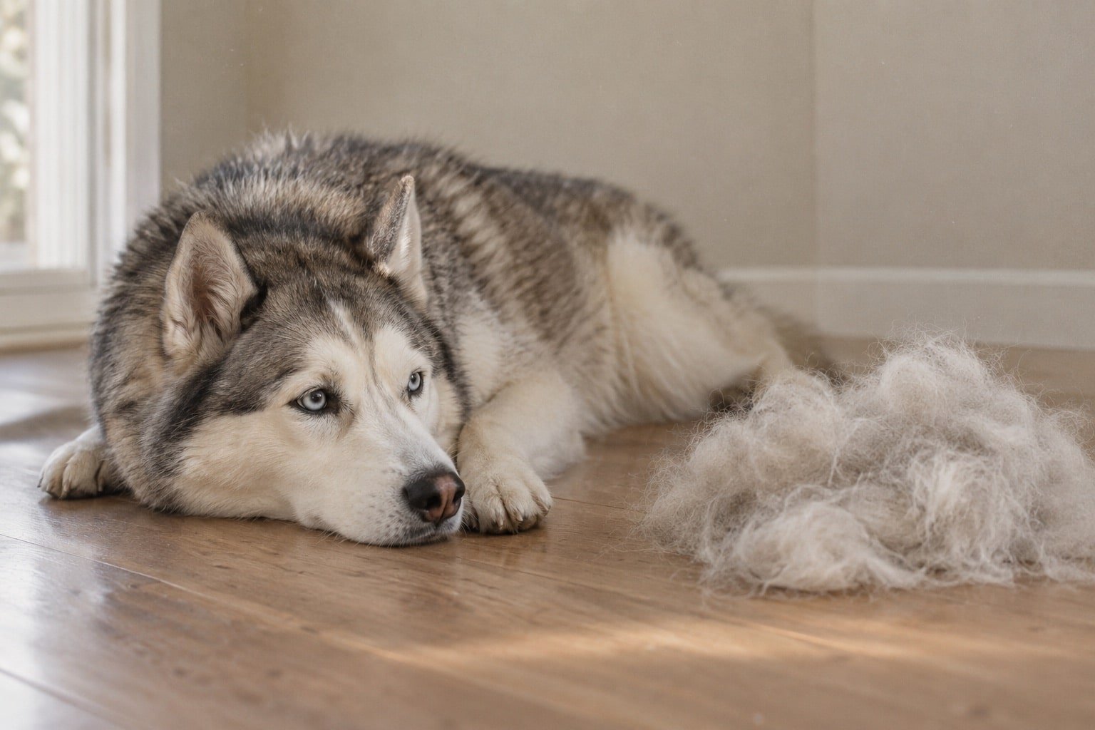 Husky-achtige hond ligt op een houten vloer naast een plukje uitgevallen ondervacht
